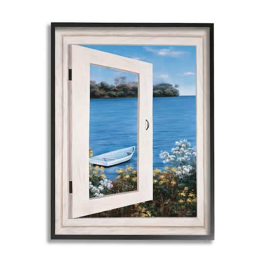 Stupell Industries Lakefront Window Charming Floral Island Boat in Frame Wall Art